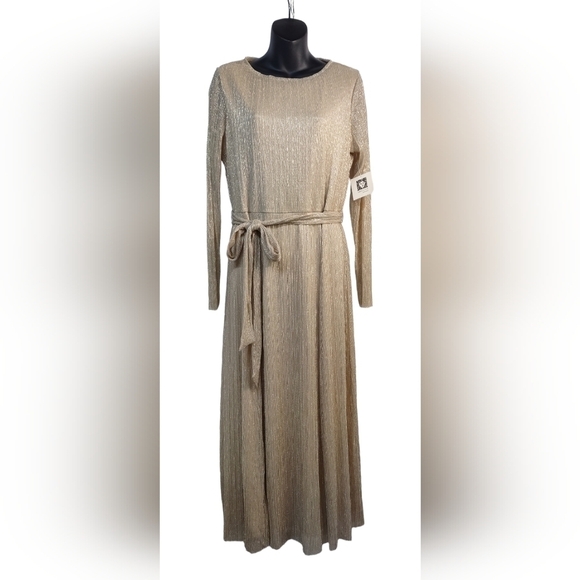 Anne Klein Women's Tan/Gold Metallic Longsleeve Dress Size 12 NWT - Picture 2 of 16